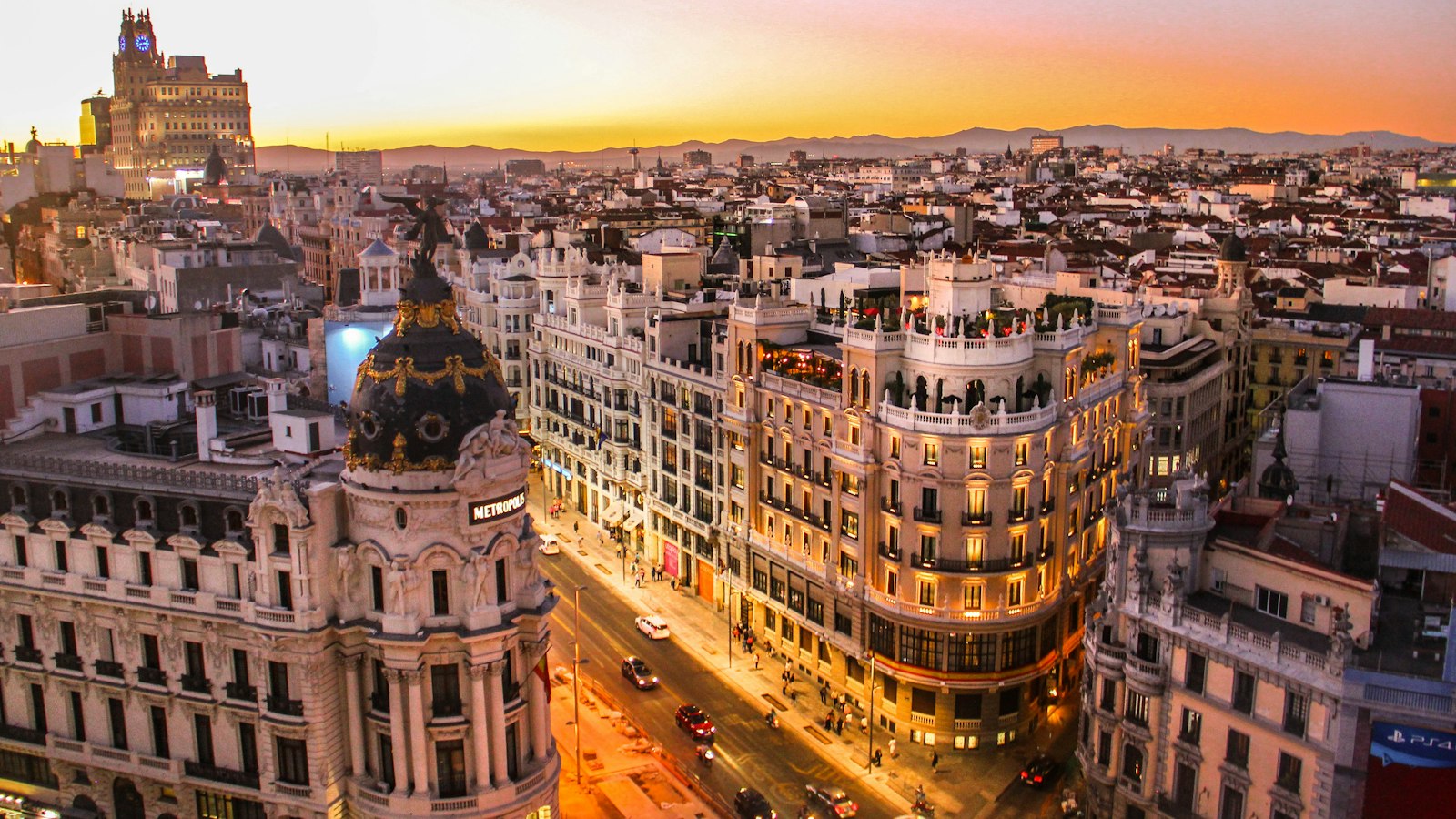 Gran Via and the Metropolis building in Madrid at dusk